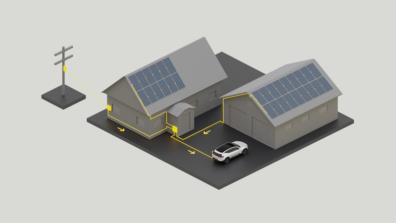 Illustration of house with solar panels and a car on the drive way which is connected to the power
