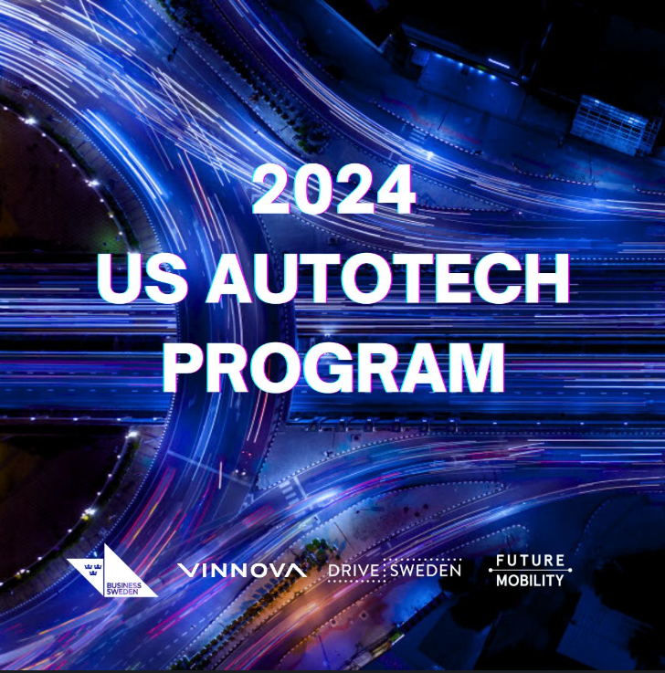A poster, the background is displaying a road network from above where car lights lights the streets in a blue cool color. On it, a big text says: 2024 US autotech program. 