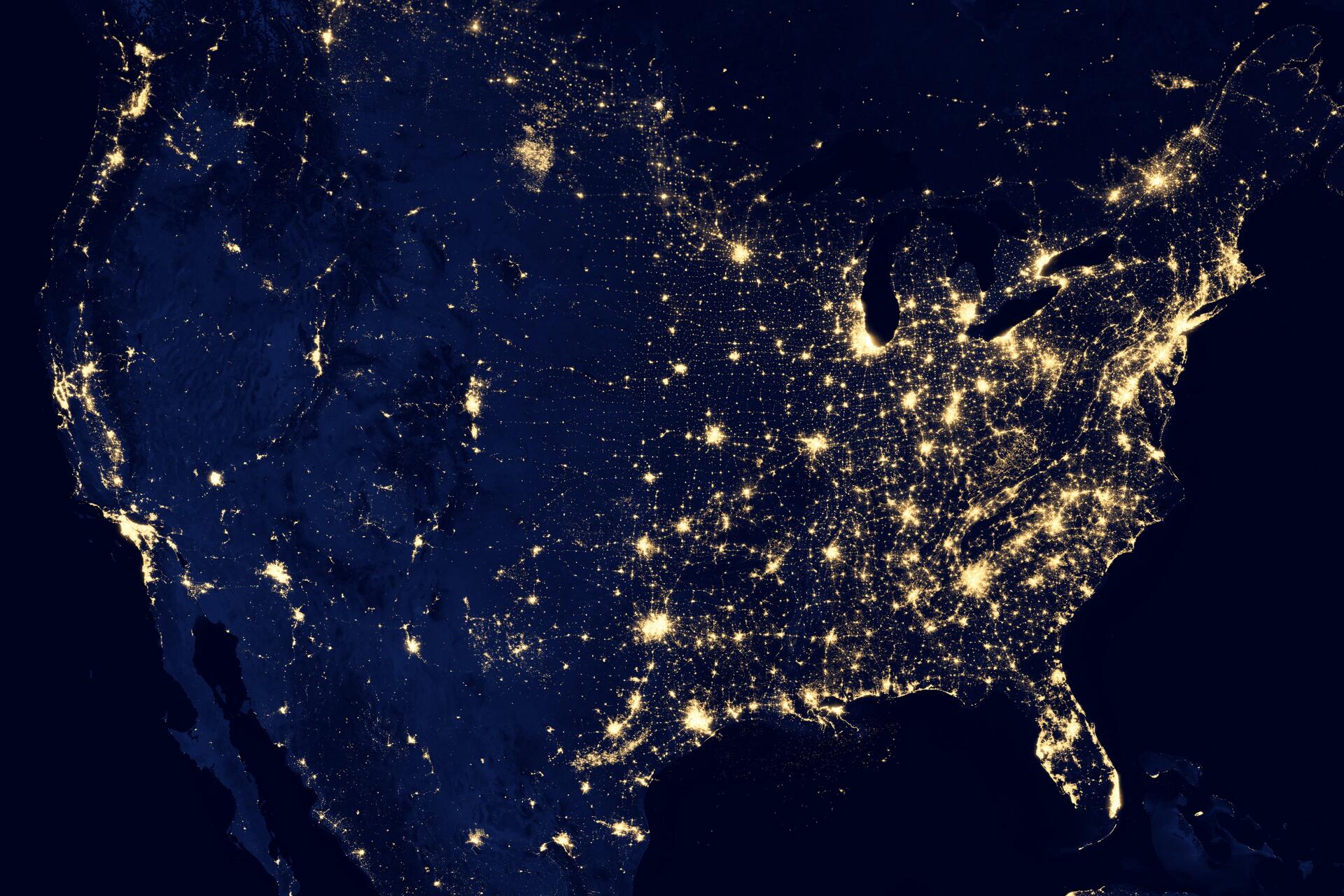USA taken from above during the night. Cities are lighted 
